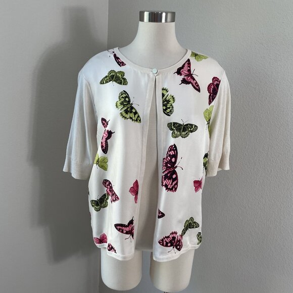 Talbots Sweater Womens XL Silk Butterfly Print Short Sleeve Lightweight Top Pull - Picture 1 of 9